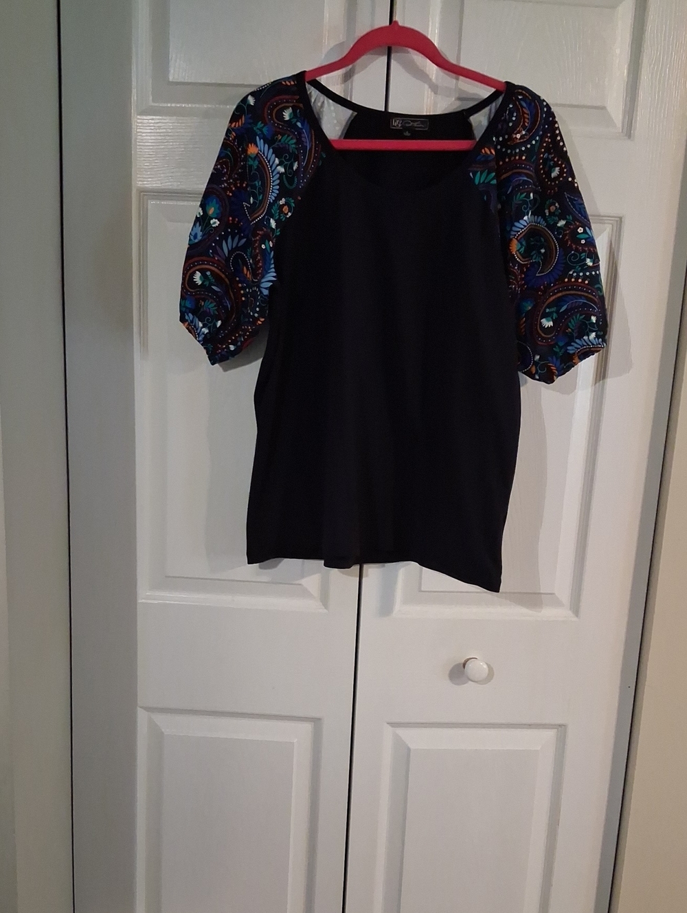 Black Top with Blue Paisley Puff Sleeves - Women's